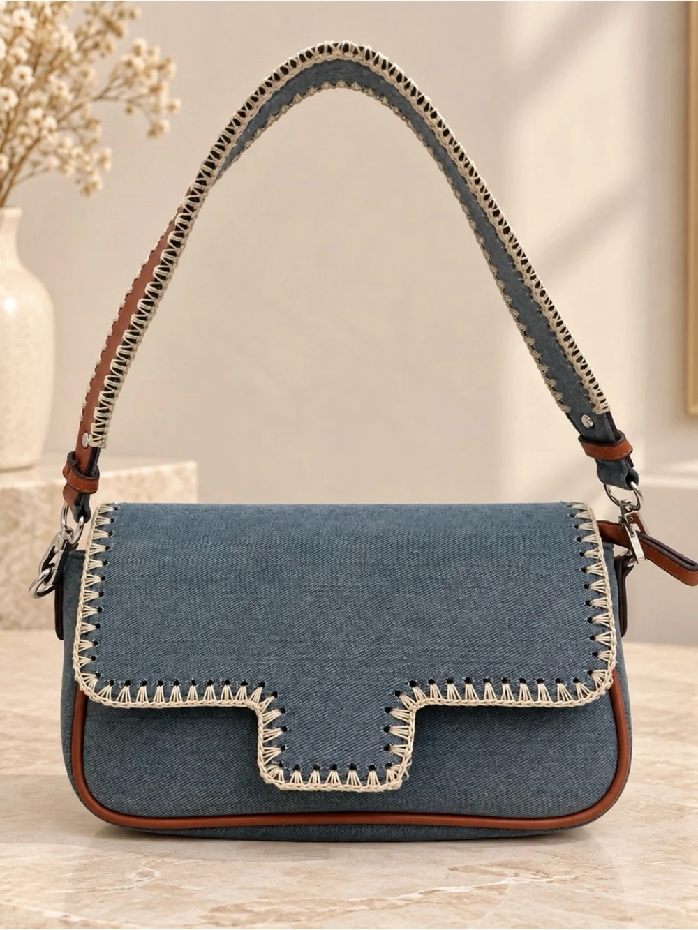 Dolce Vita Denim Blue & Cognac Whipstitch Shoulder Bag